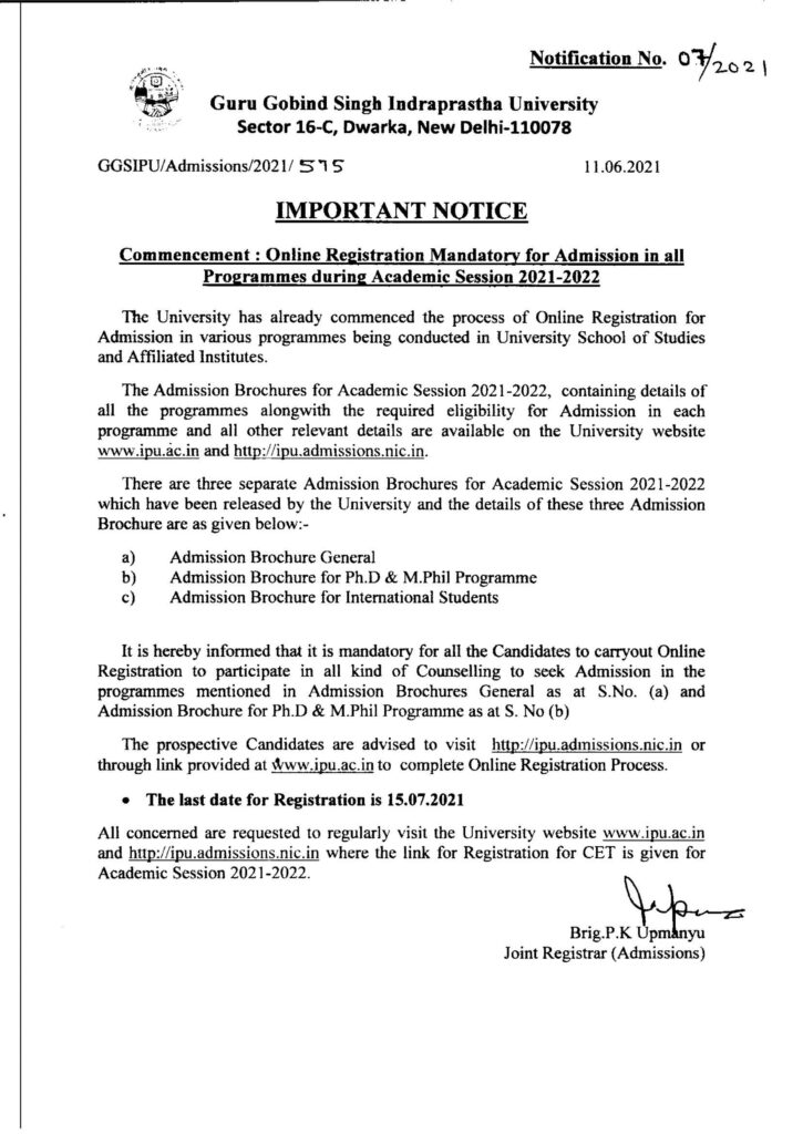 Online Registration Mandatory for admission in all Programmes during Academic Session 2021-2022