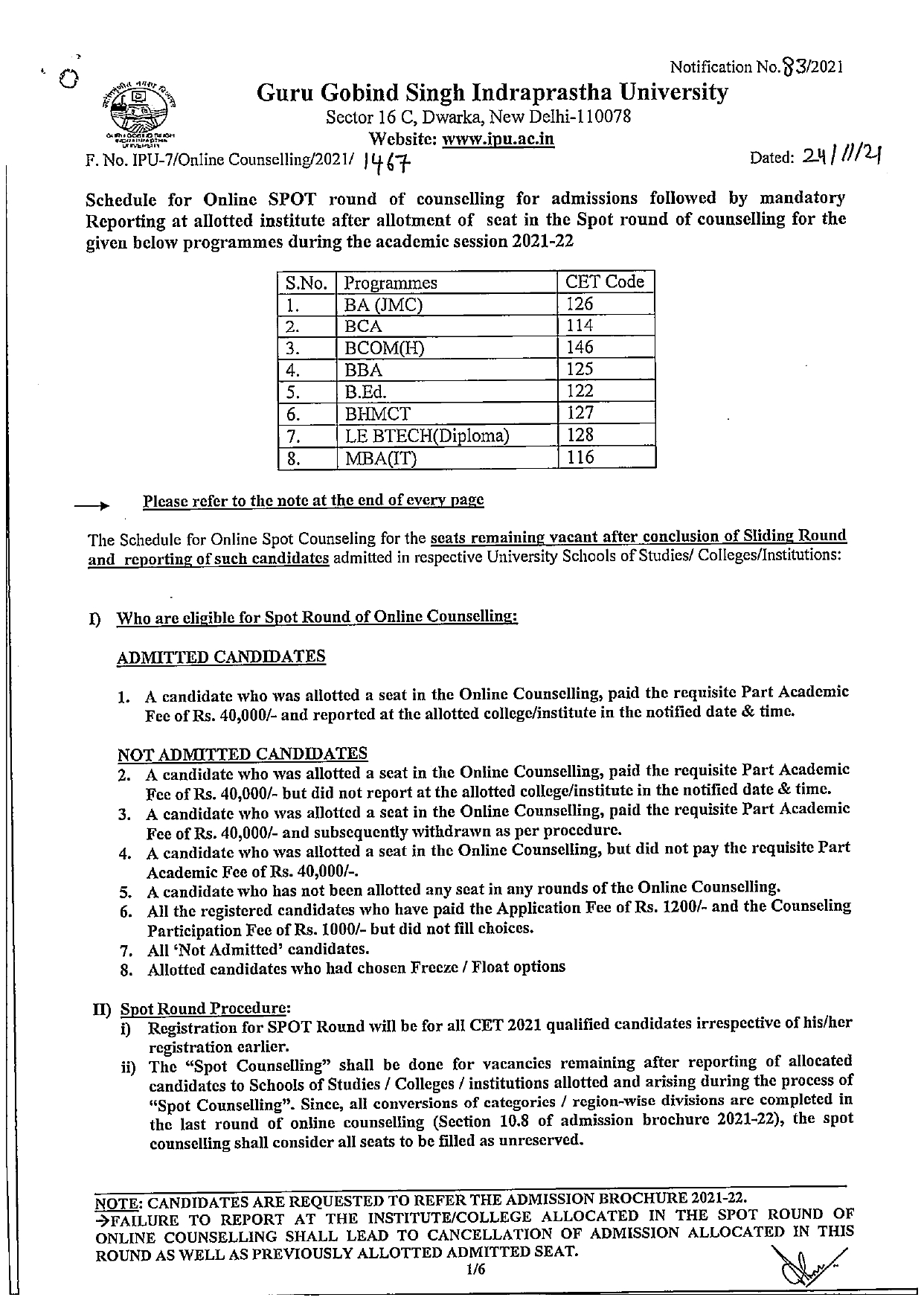 Schedule for Online SPOT round of Counselling 2021